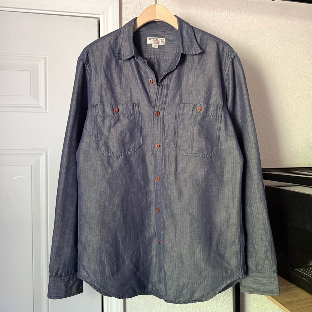 WALLACE & BARNES blue linen cotton chambray denim button up‎ long sleeve shirt